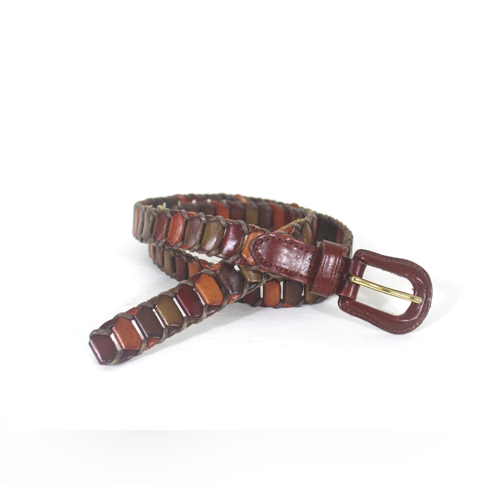 Vintage Multi Coloured Leather Snake Link Belt Red Green Orange Woven